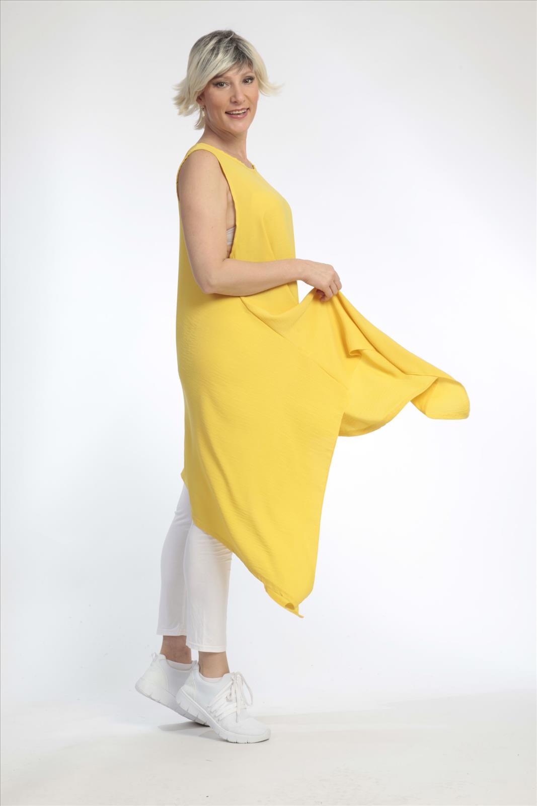 Sommer Tunika in Zipfel Form aus er Twill Qualität, Gelb Lagenlook Oversize Mode B2B Großhandel