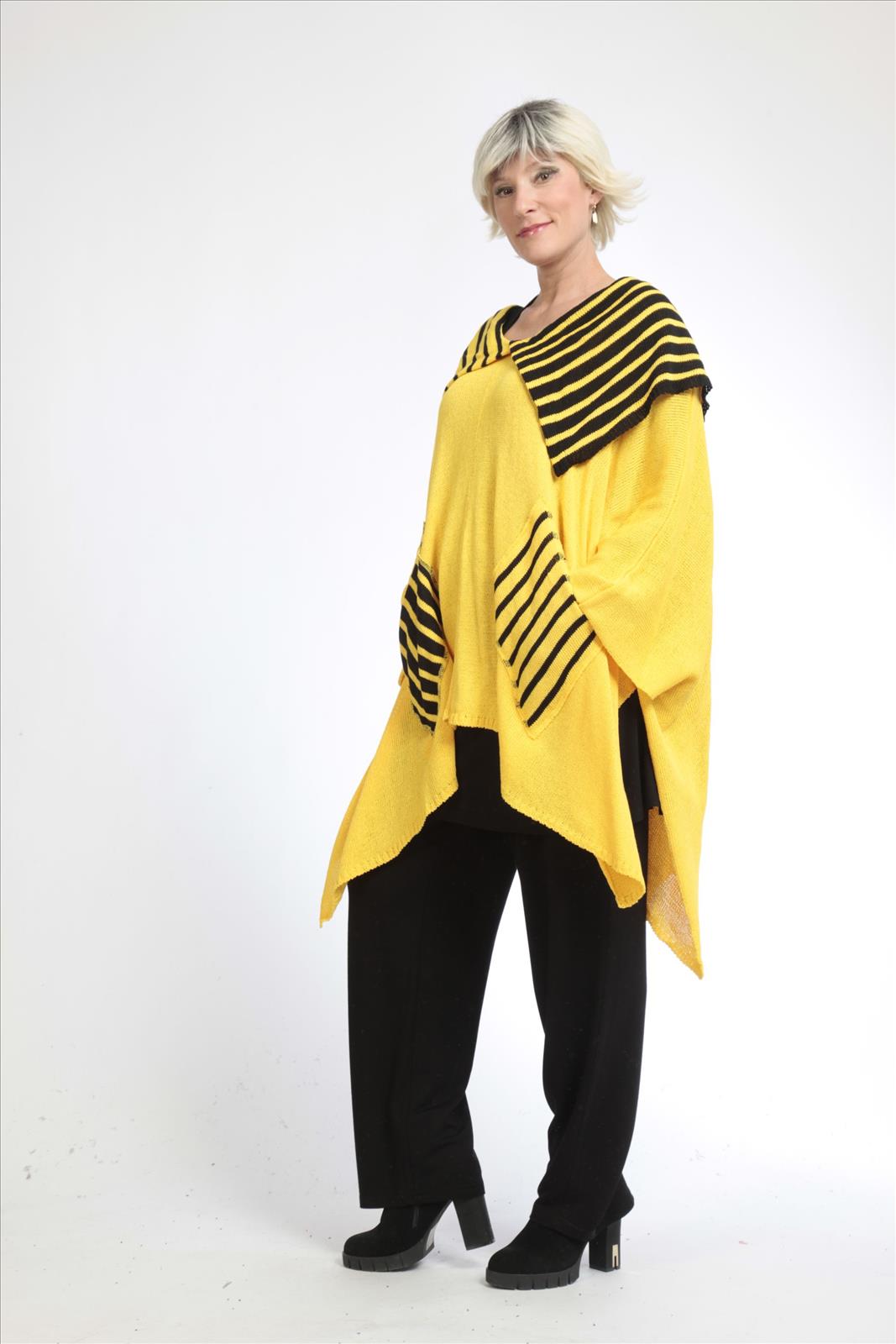 Übergangs Pullover in kastiger Form aus er Qualität, Gelb-Schwarz Lagenlook Oversize Mode B2B Großhandel