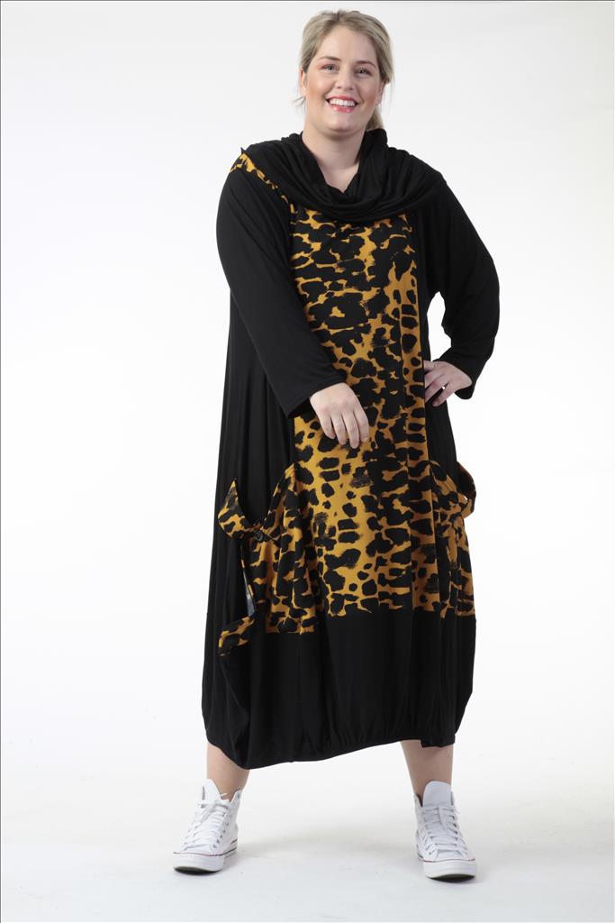 Winter Kleid in Form aus er Jersey Qualität, Schwarz-Senf Lagenlook Oversize Mode B2B Großhandel