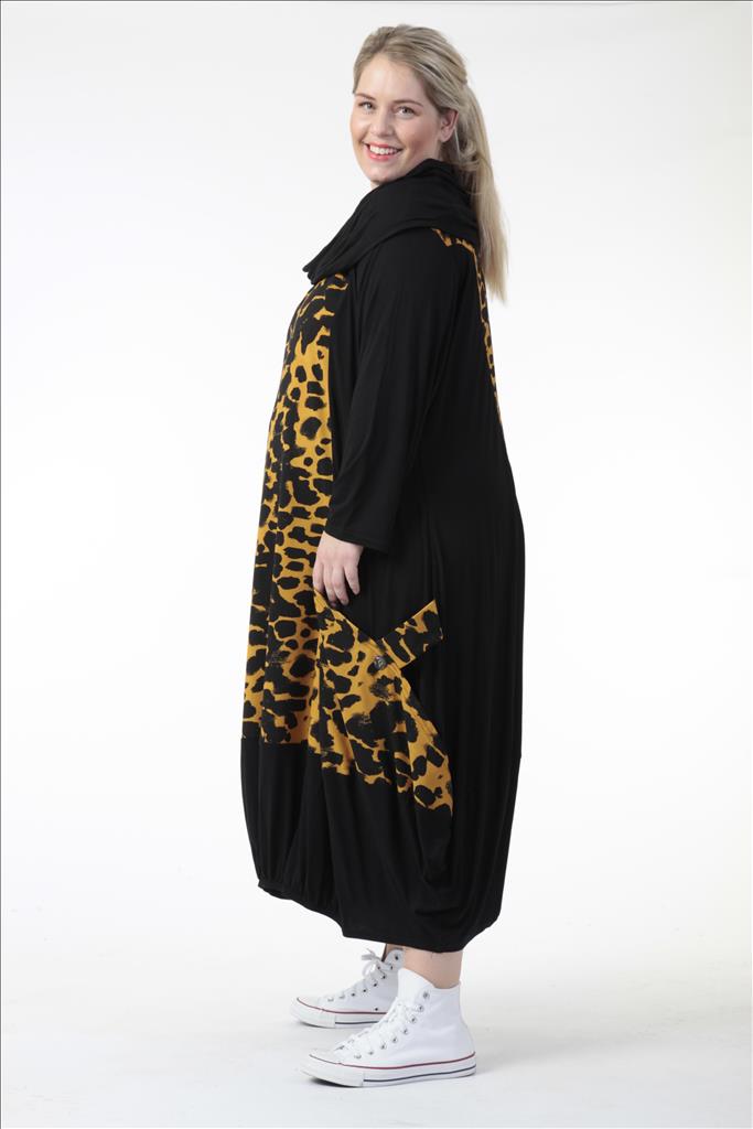 Winter Kleid in Form aus er Jersey Qualität, Schwarz-Senf Lagenlook Oversize Mode B2B Großhandel